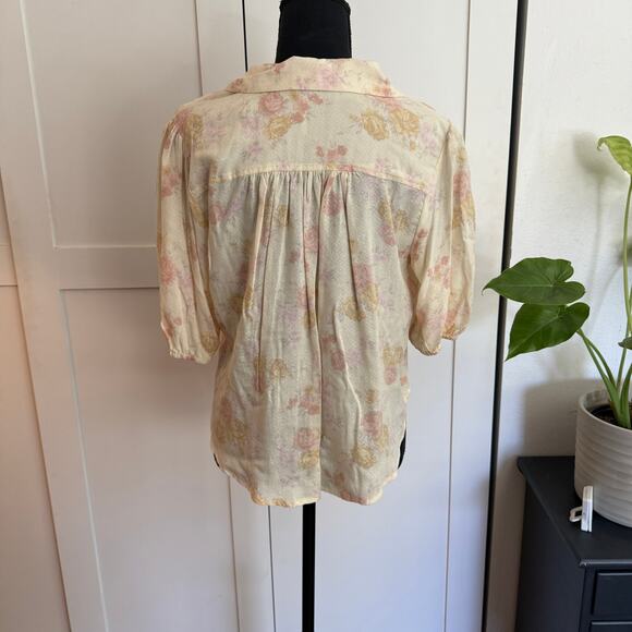 Free People Celia Printed Hem Blouse Collared Button Down Tie Front Top - Picture 4 of 8